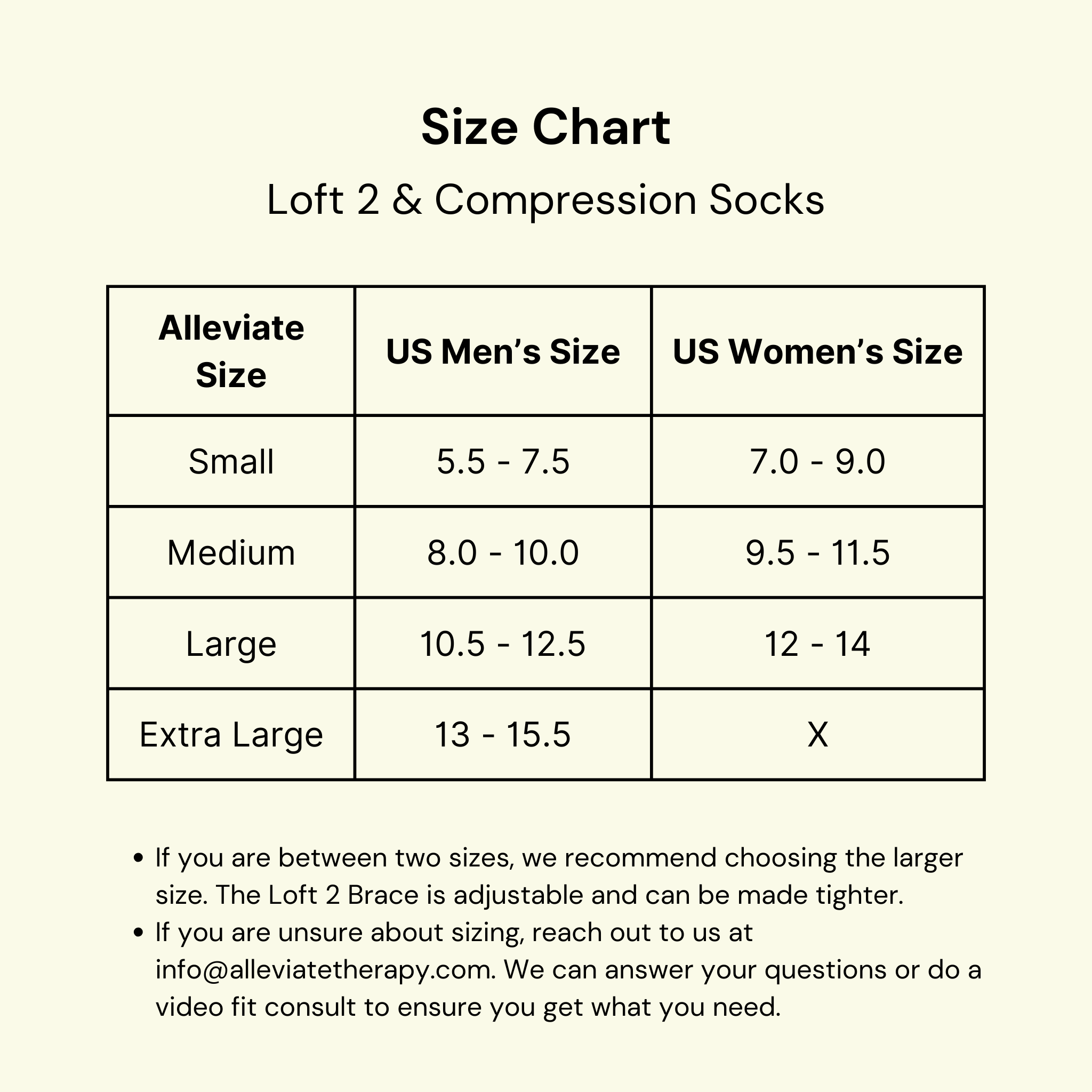 Loft 2 Brace and compression sock size chart