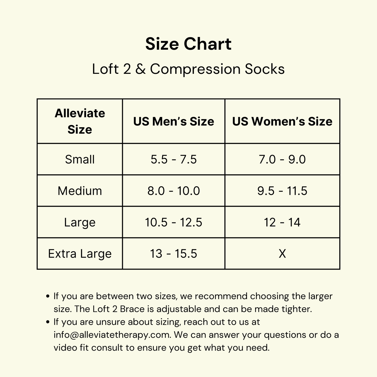 Loft 2 Brace and compression sock size chart